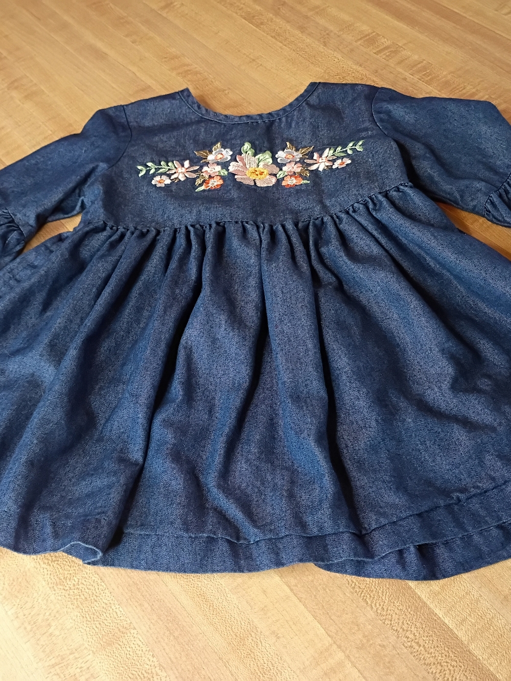 Bonnie Jean Navy Denim Dress with Floral Embroidery